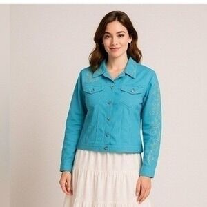Quacker Factory Womens‎ XL Western Jacket Turquoise Silver Studded Cowgirl Glam